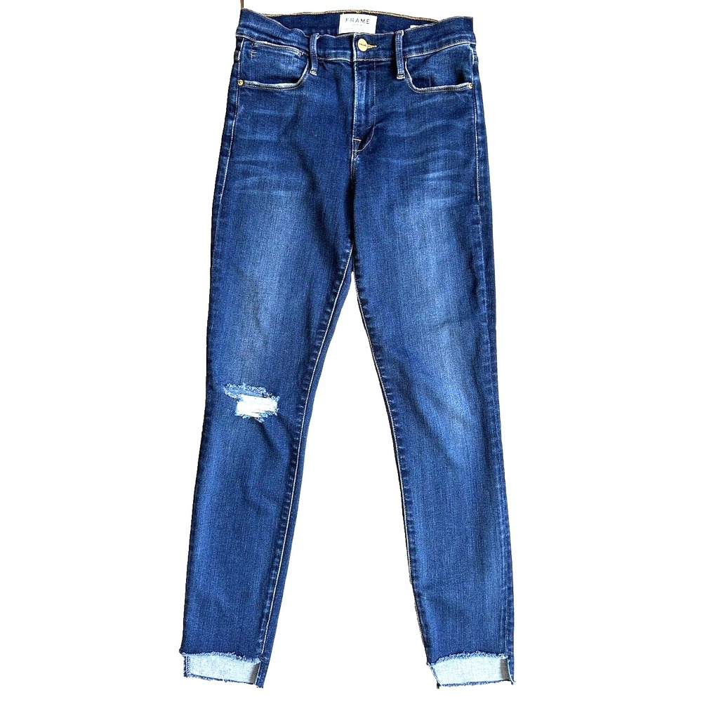 FRAME Le Skinny de Jeanne Distressed Step Hem Mid Rise Slim Jeans Womens Size 26